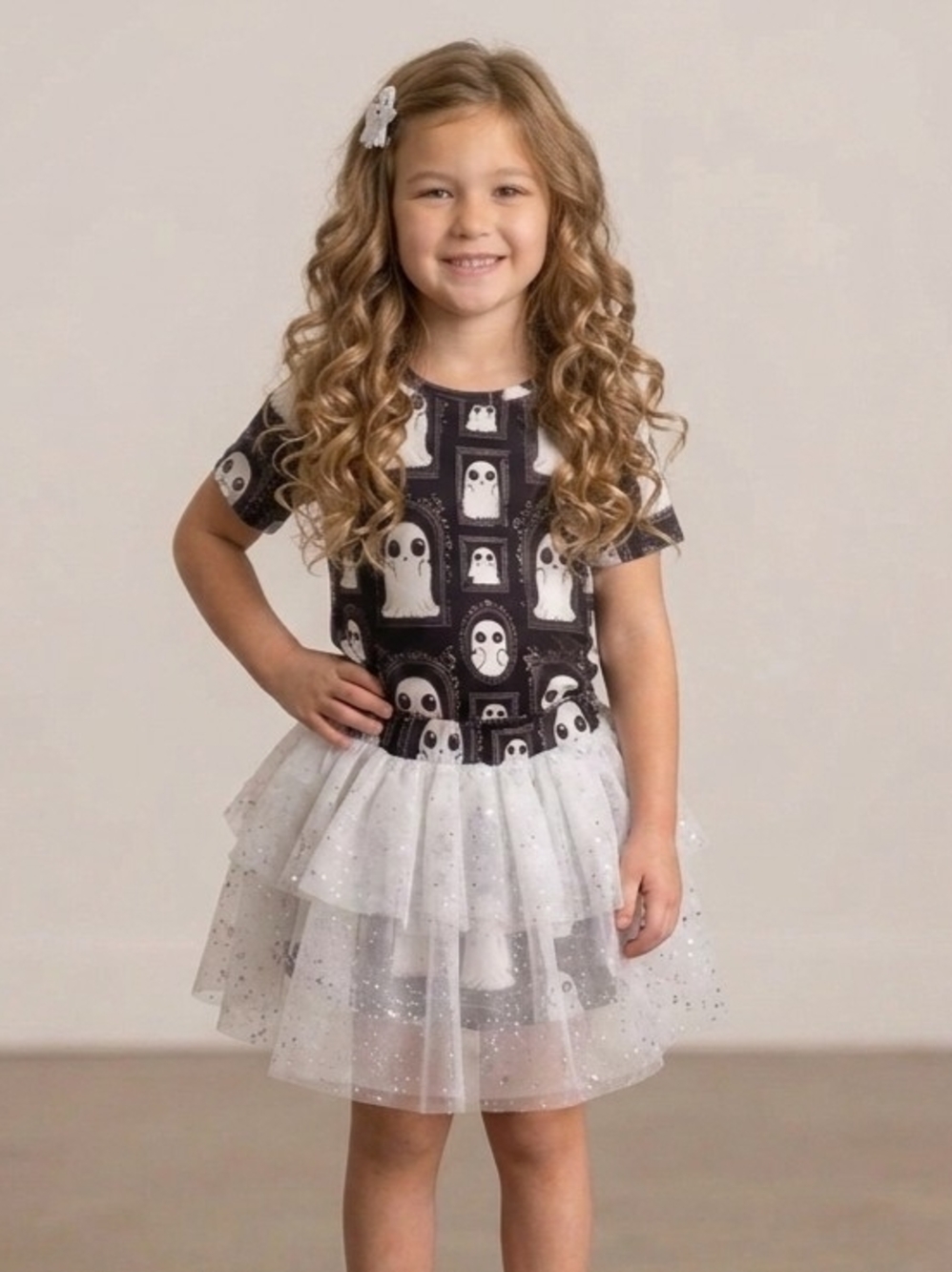 Black Ghost Print & White Sparkle Tulle Dress